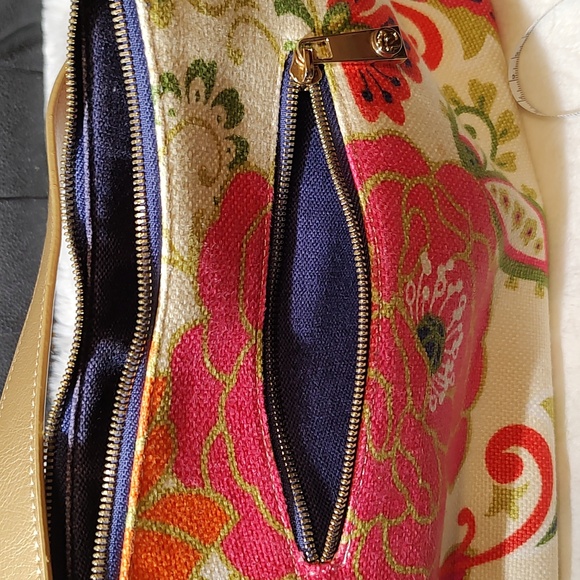 Spartina 449 Off White Floral Linen Bag With Gold Leather 23" Strap - Picture 11 of 12